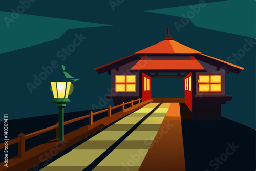 A stylized vector art illustration of a glowing lantern illuminating a building with a tree under a night sky