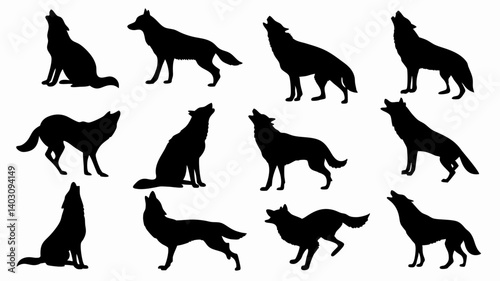 Silhouettes of wolves in various poses and movements. 