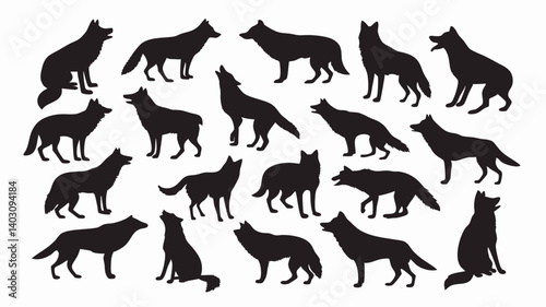 Silhouettes of wolves in various poses and movements. 