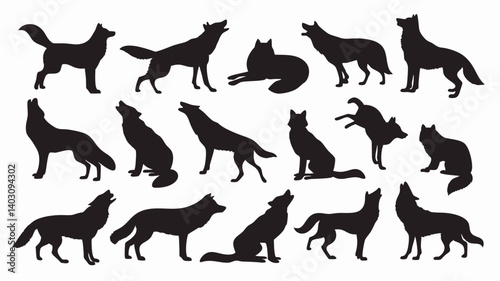Silhouettes of wolves in various poses and movements. 