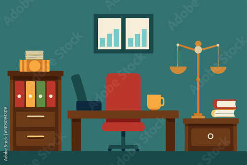 Vector illustration of home and office furniture design, including desks, chairs, shelves, and cabinets for modern interior living