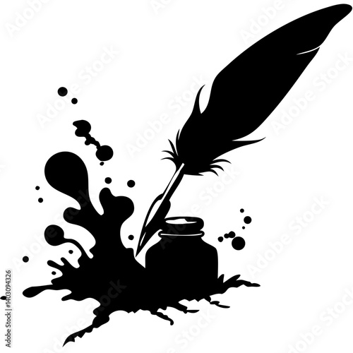 Elegant Quill Pen Ink Bottle and Splashes Vector Design for Artistic Projects and Crafts