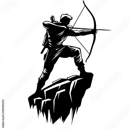 Archer Silhouette on Cliff with Bow and Arrow Ideal for Tattoo Designs and Outdoor Themes