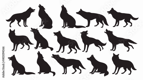 Silhouettes of wolves in various poses and movements. 