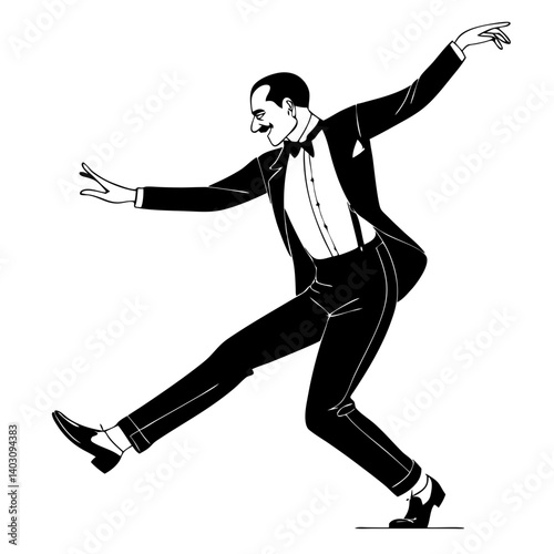 Elegant Retro Dancer in Tuxedo Performing Joyful Dance Movements for Dance Theme Design