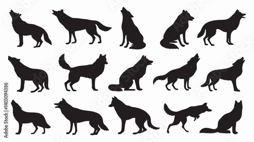 Silhouettes of wolves in various poses and movements. 