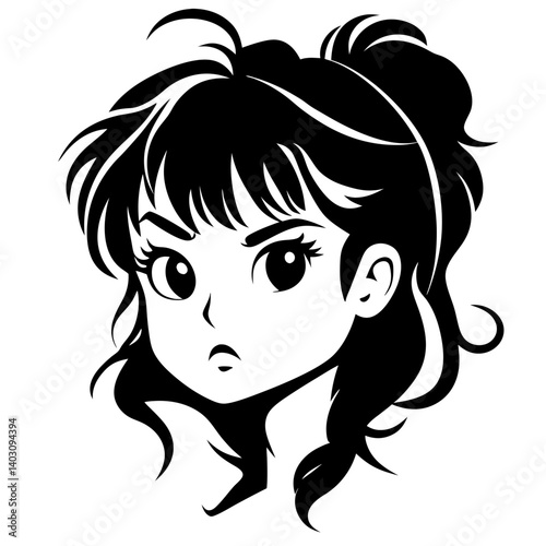 Stylized Vector Illustration of a Determined Young Girl with Long Hair Ideal for Tattoo Designs
