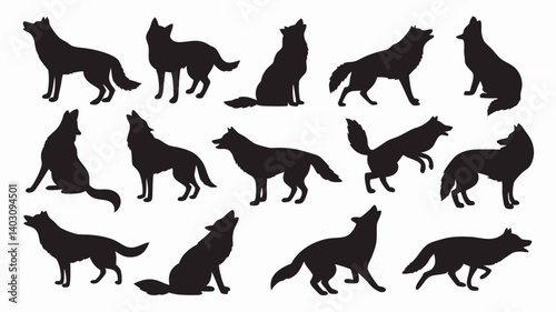 Silhouettes of wolves in various poses and movements. 