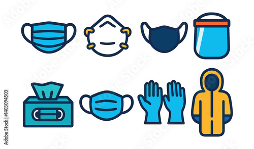 Set of icons: medical masks, face shield, tissue box, gloves, protective suit.