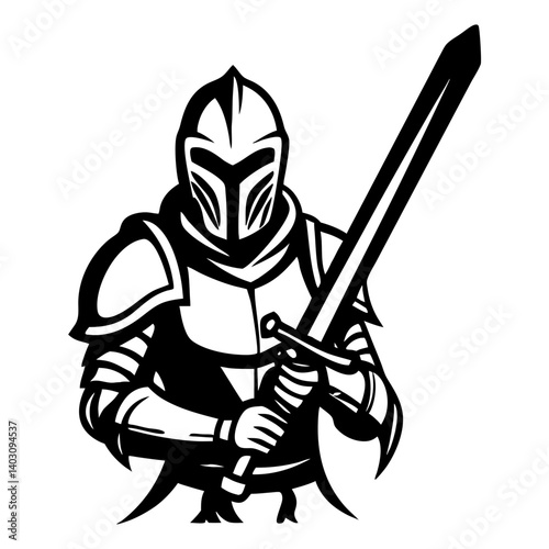 Armored Knight Holding Sword Detailed Vector Illustration for Tattoo Design and Apparel