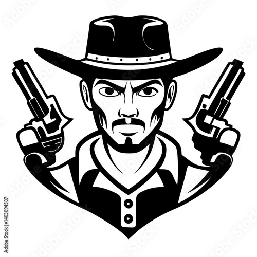 Western Cowboy Gunslinger Character Illustration with Dual Revolvers for Graphic Design Projects