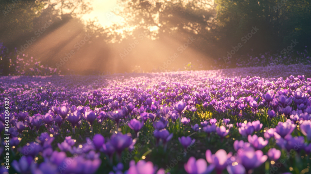 Naklejka premium Morning sunlight illuminates a field of violet crocuses with glistening dewdrops