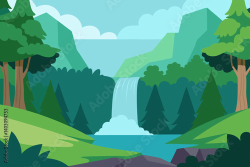 Summer nature vector landscape with green mountains, forest trees, and a clear sky view