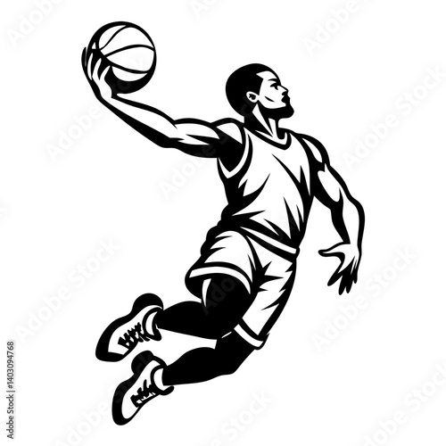 Basketball Player Dunking Dynamic Athletic Motion Black Silhouette Illustration