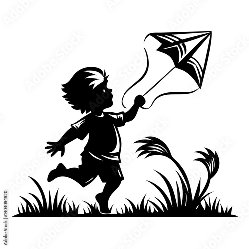 Playful Child Flying a Kite in Grasslands Ideal for Illustrations and Nature-Themed Designs