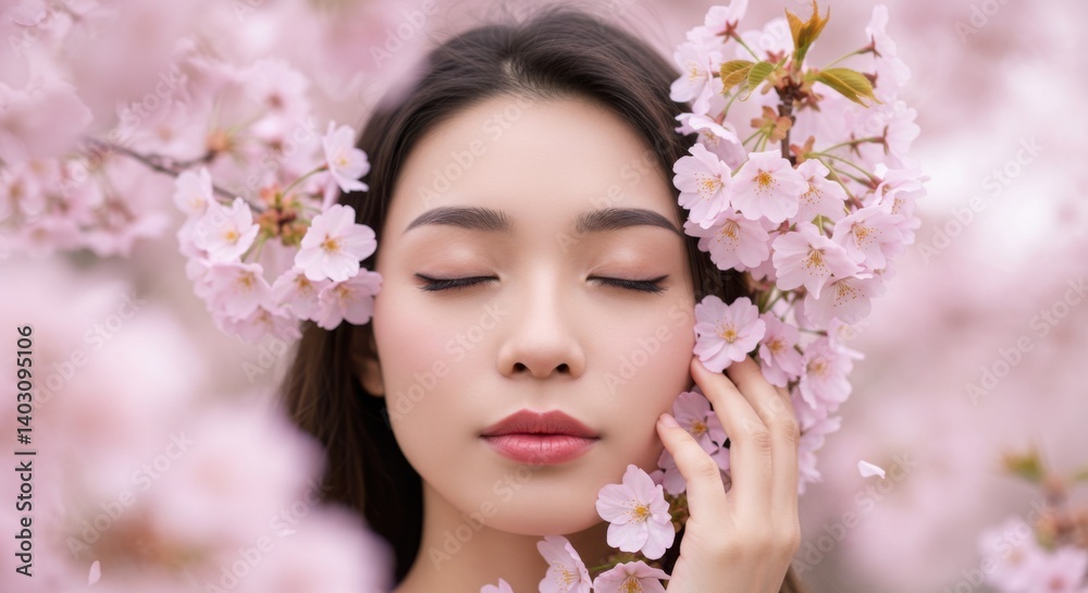 Beautiful young woman with eyes closed surrounded by pink cherry blossoms Beautiful young woman with eyes closed surrounded by pink cherry blossoms