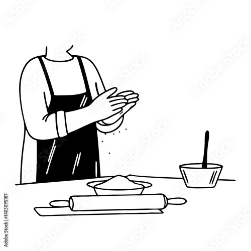 Baking Preparation Hands Clapping Flour in Kitchen with Rolling Pin and Mixing Bowl