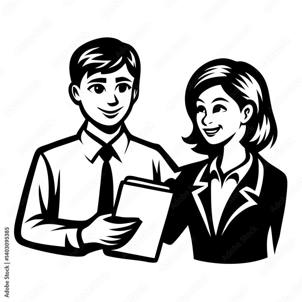 Professional Business Teamwork Vector Illustration of Two Colleagues Collaborating
