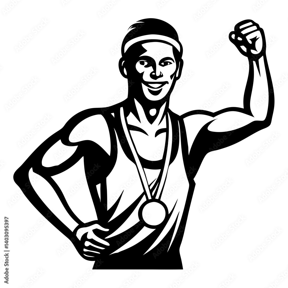 Victorious Male Athlete Celebrating with Medal and Raised Fist for Fitness and Motivation Victorious Male Athlete Celebrating with Medal and Raised Fist for Fitness and Motivation