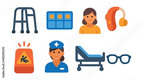 Set: Walker, pill organizer, woman, hearing aid, caution sign, nurse, hospital bed, glasses.