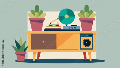 A vintage record player sits on a credenza surrounded by potted succulents.
