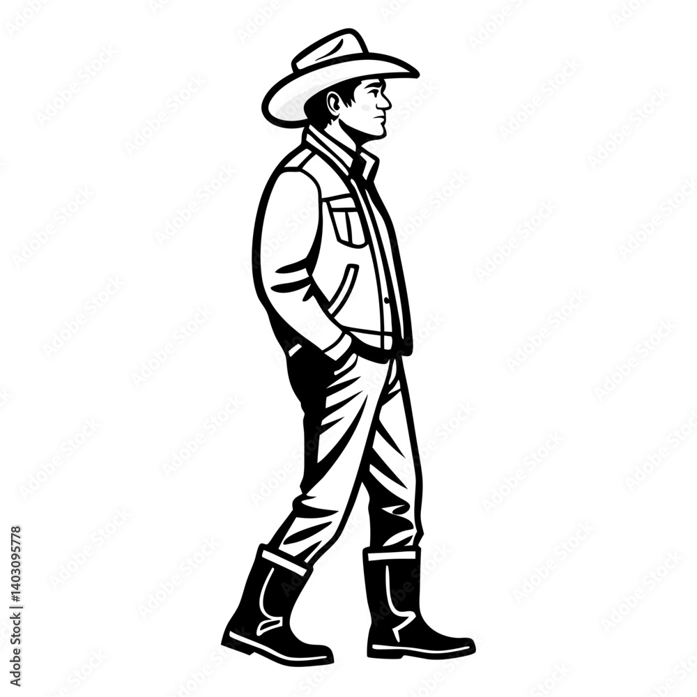 Stylish Cowboy Walking in Boots Illustration for Western Themes and Vintage Designs Stylish Cowboy Walking in Boots Illustration for Western Themes and Vintage Designs
