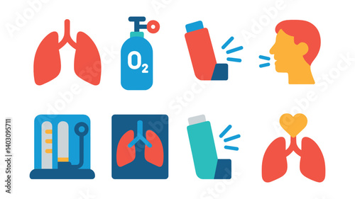 Set of lung, oxygen, inhaler, face, spirometer, x-ray, heart.