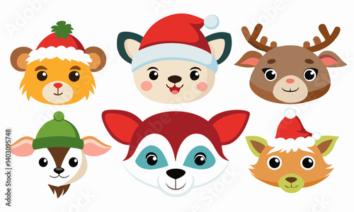 Download Cute Animal Heads With Santa Hat 9 Silhouette  Vector Art Collection: Farm, Wild, And Marine Animals Clipart On White Background Svg File For Design.