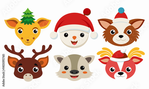 Download Cute Animal Heads With Santa Hat 9 Silhouette  Vector Art Collection: Farm, Wild, And Marine Animals Clipart On White Background Svg File For Design.