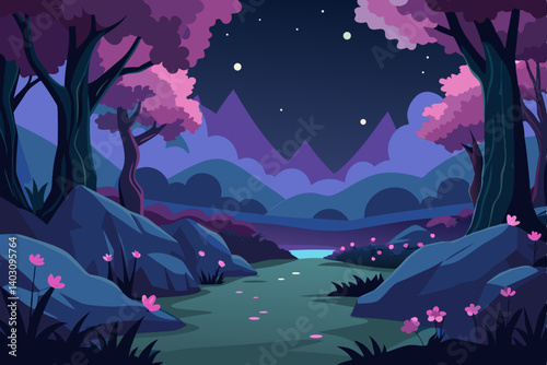 night landscape with trees and flowers