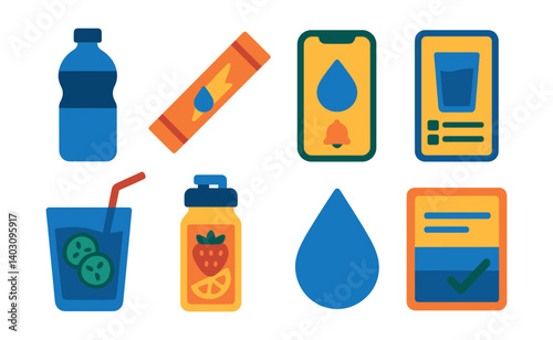 Set of hydration-related icons including water bottles, glass, and mobile app interface.