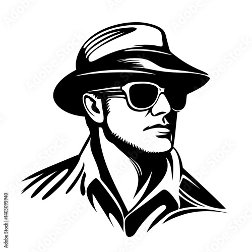 Stylish Man in Fedora Hat and Sunglasses Vector Illustration for Fashion Graphics and Tattoos