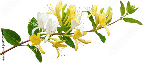 Vibrant Honeysuckle Blossom Branch with Yellow and White Flowers and Lush Green Leaves