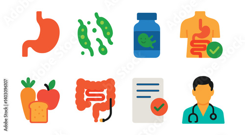 Set of eight icons: stomach, bacteria, fish jar, checked torso, fruits and bread.