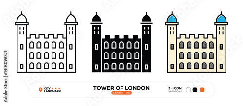Tower of London Line Icon. London, UK, Landmark, Silhouette, Color Vector, Editable Stroke.