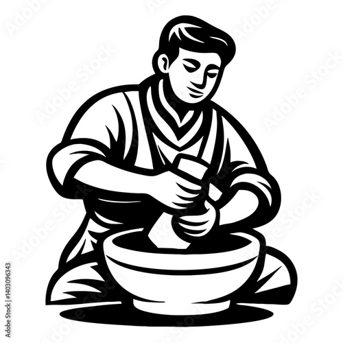 Craftsman Mixing Ingredients in Bowl Vector for Culinary Arts Tattoo Design Coloring Book