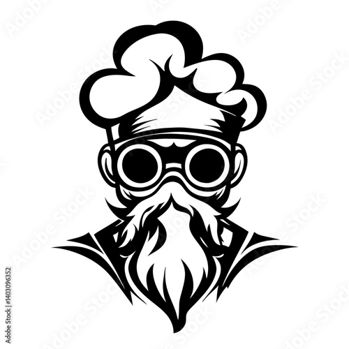 Vintage Chef Illustration with Goggles and Beard for Graphic Design and Tattoo Projects