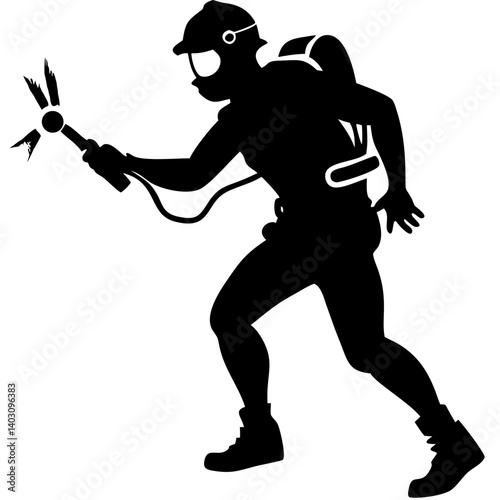 Firefighter Silhouette Using Hose for Fire Extinguishing Action Vector Illustration