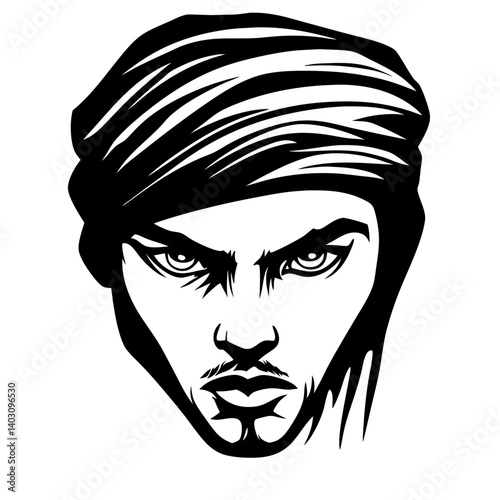 Bold Stylized Man with Turban Intense Expression Vector Graphic for Design Use