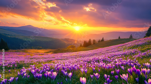 Sunset illuminating crocus fields across rolling hills with vibrant orange and purple sky