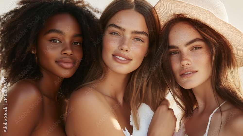 Obraz premium Three women enjoying a sunny day at the beach with natural beauty and smiles, showcasing friendship and warmth in a relaxed outdoor setting
