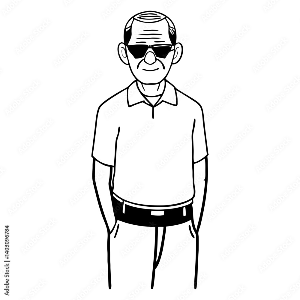 Cool Elderly Man in Sunglasses Standing Casually in Polo Shirt and Pants for Fun Illustrations Cool Elderly Man in Sunglasses Standing Casually in Polo Shirt and Pants for Fun Illustrations