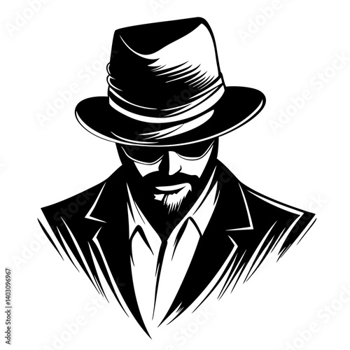Mysterious Gentleman in Hat and Sunglasses Stylish Vintage Illustration for Tattoo Designs