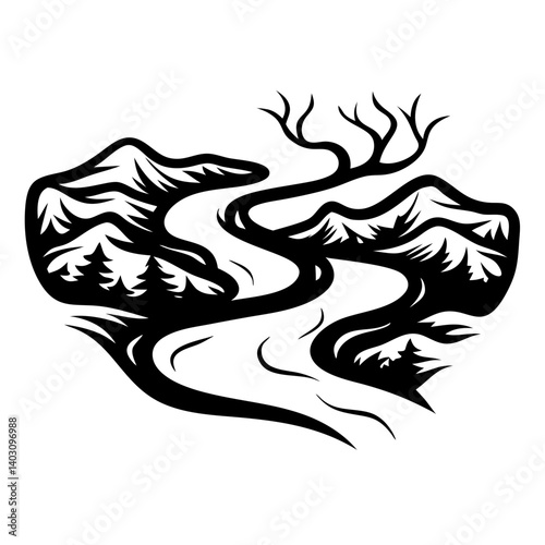 Stylized Mountain River Landscape with Trees and Curving Path for Tattoo and Coloring Designs