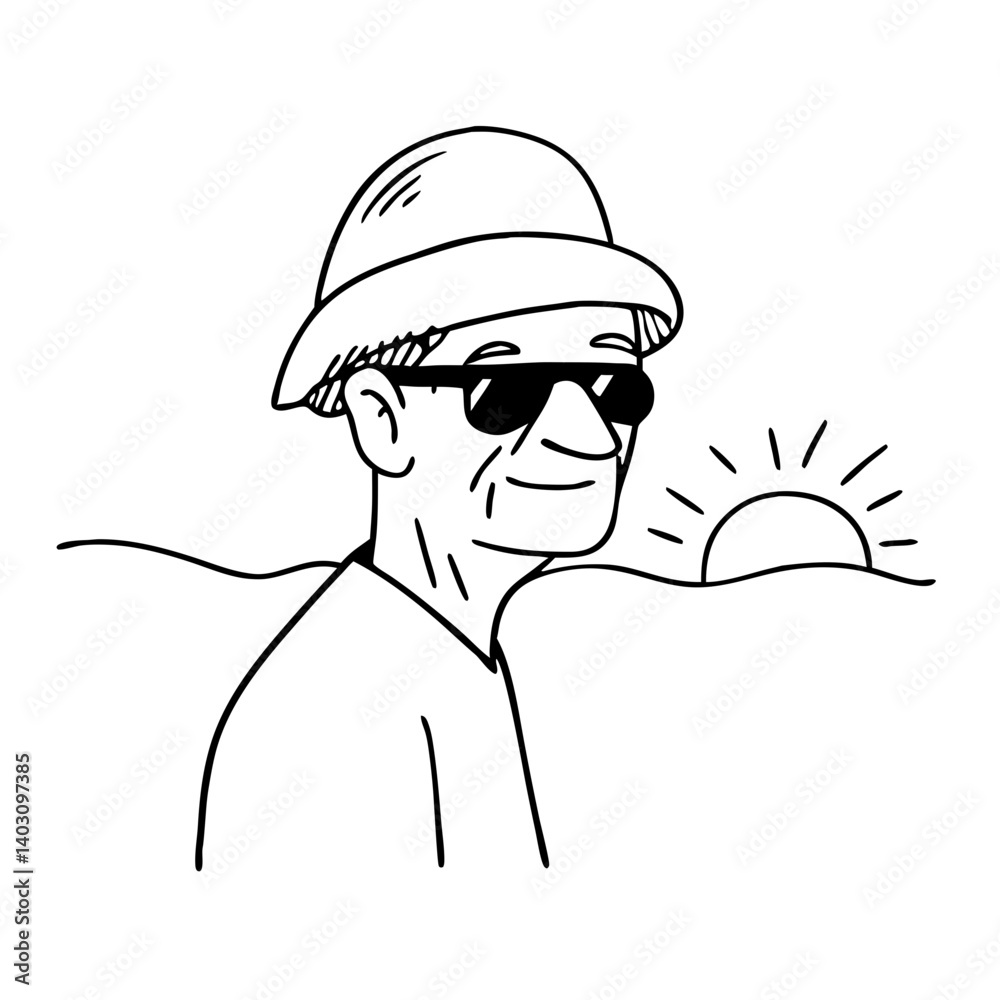 Obraz premium Stylish Elderly Man with Sunglasses and Hat Against Sunrise Vector Illustration for Design