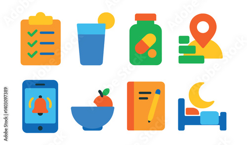 Set of icons: checklist, drink, medicine, location, phone alert, bowl, notebook, sleep.