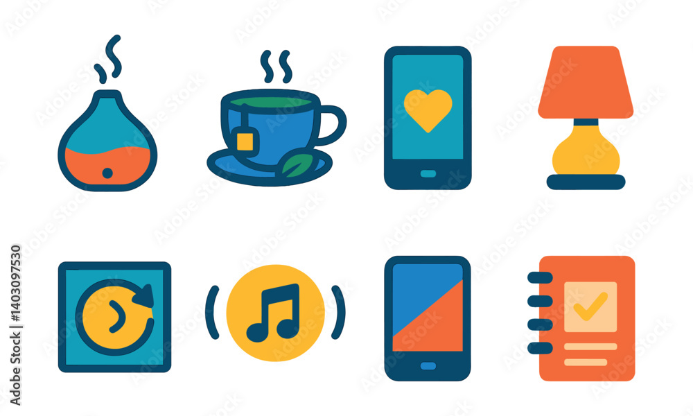 Set of icons: diffuser, coffee cup, smartphone, lamp, repeat, music, smartphone, notebook. Set of icons: diffuser, coffee cup, smartphone, lamp, repeat, music, smartphone, notebook.