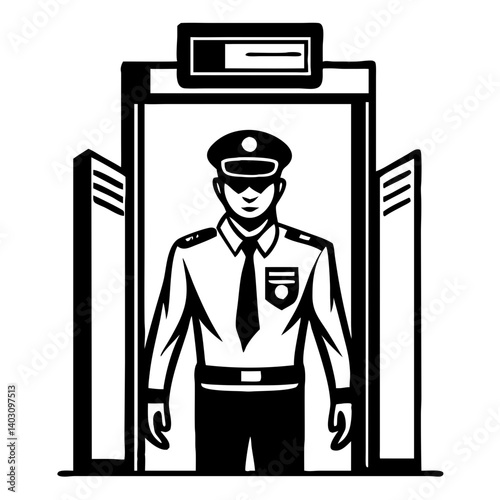 Security Officer Standing in Metal Detector Gate for Safety and Inspection Themes
