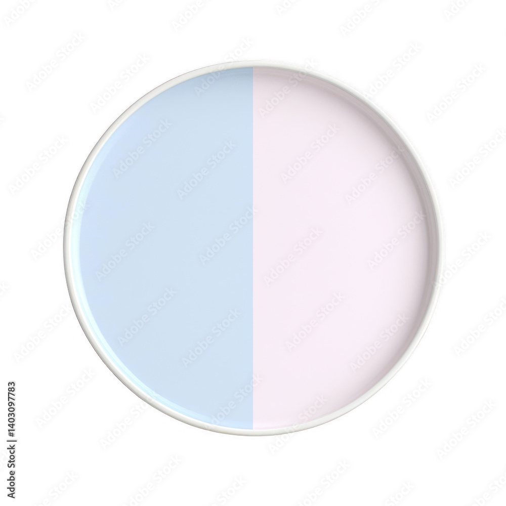 A round plate featuring a split design of pale blue and soft pink colors, isolated on a white background, perfect for emphasizing minimalistic dish presentations. A round plate featuring a split design of pale blue and soft pink colors, isolated on a white background, perfect for emphasizing minimalistic dish presentations.