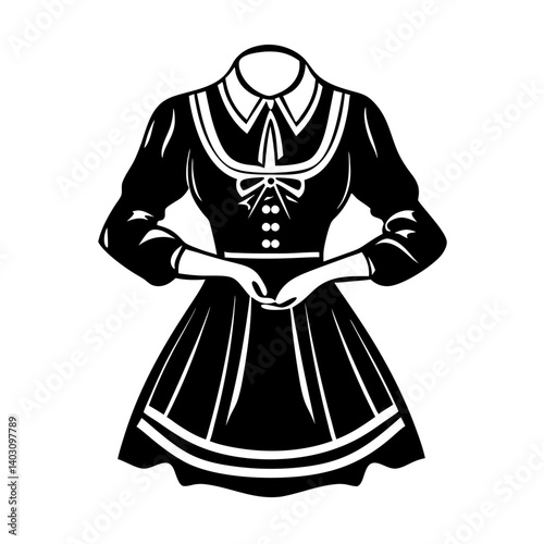 Elegant Victorian Style Black Dress with Long Sleeves and Bow for Fashion Illustrations